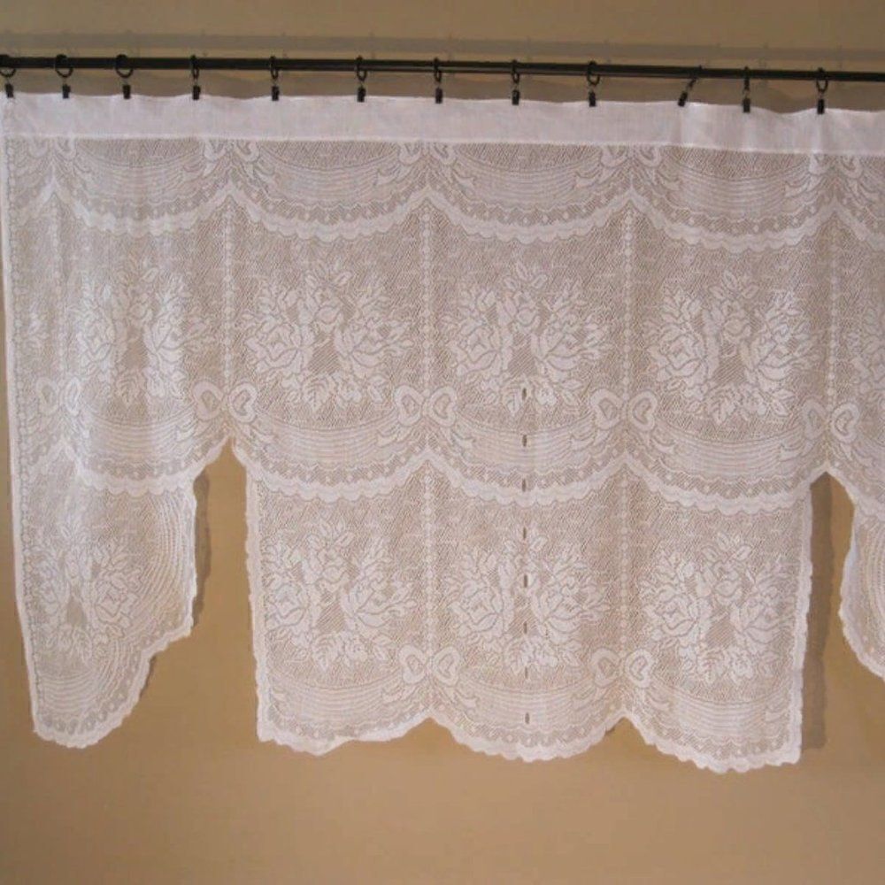 Curtain Lace Valance Flowers 59" x 34.5" White VTG